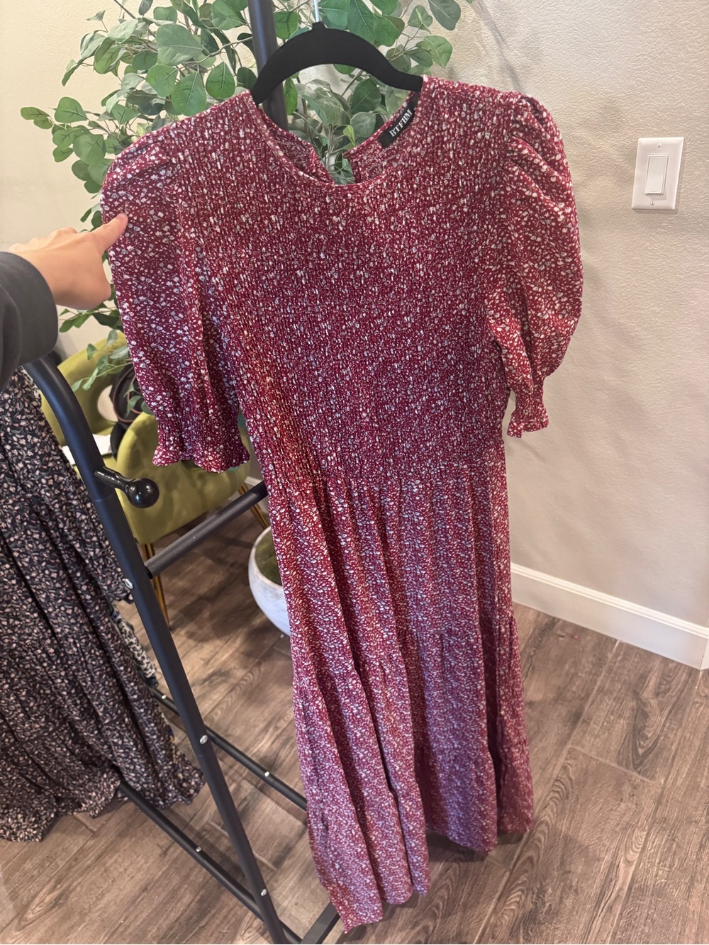 Smocked Puff-Sleeve Midi Dress in Wine Floral